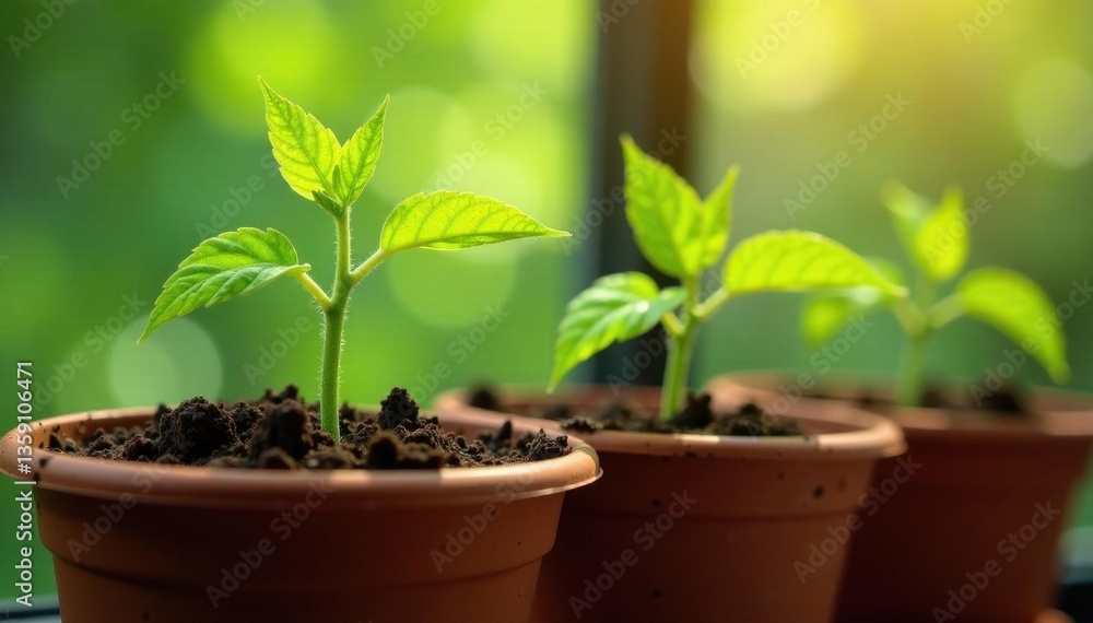 Vibrant green tomato seedlings sprout in peat pots, sunny windowsill , grow, indoor Vibrant green tomato seedlings sprout in peat pots, sunny windowsill , grow, indoor