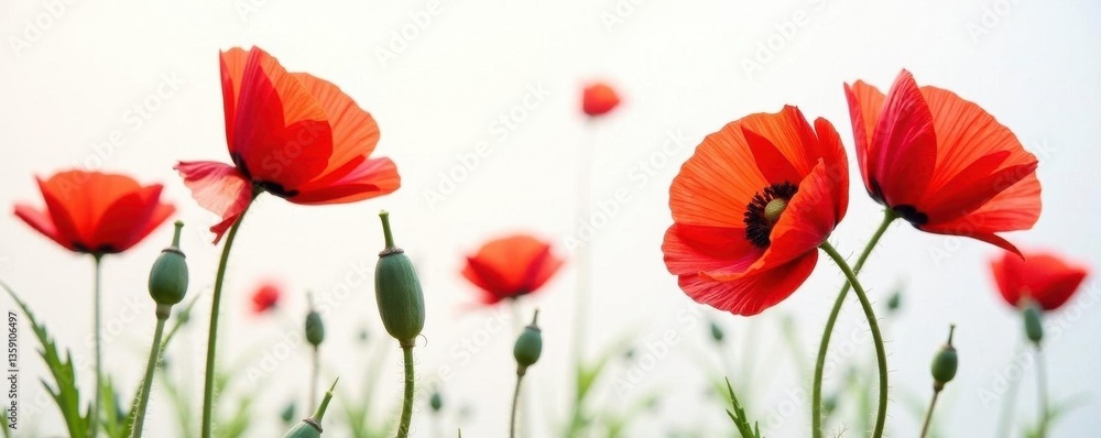 Obraz premium Vibrant red poppies, delicate petals, white backdrop, petal, vibrant, white