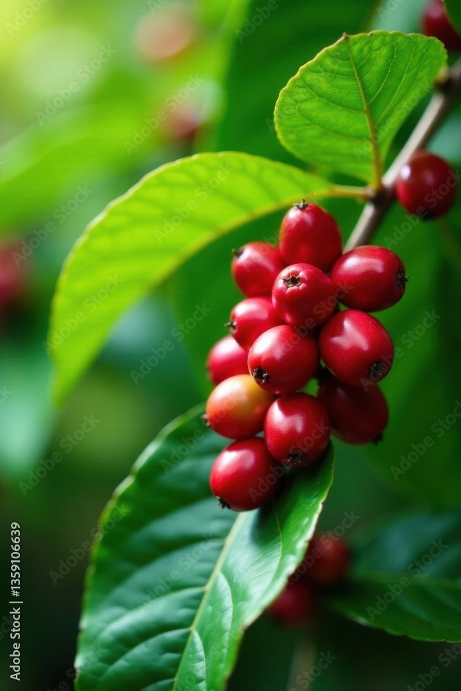 Vibrant red coffee cherries ready for picking on lush green branches, coffee, coffea arabica, plantation Vibrant red coffee cherries ready for picking on lush green branches, coffee, coffea arabica, plantation