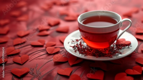 A teacup filled with red tea, featuring a heart-shaped decoration floating on the surface. The red hearts scattered around create a festive and romantic scene, perfect for Valentine's Day or love