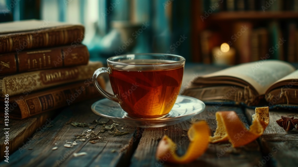 A richly detailed scene of a steaming cup of tea on a wooden table, surrounded by orange peel, herbs, and vintage books. Evokes a warm, nostalgic atmosphere perfect for themes of comfort and tradition