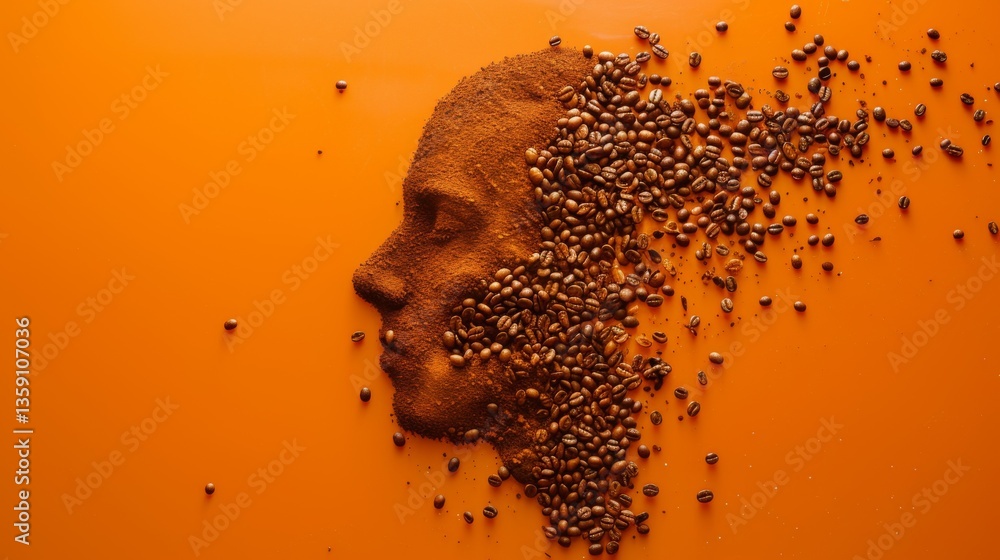 A striking image of a human face sculpted from coffee beans and ground coffee on a vibrant orange surface. This artistic composition highlights the intricate details and textures, perfect for creative