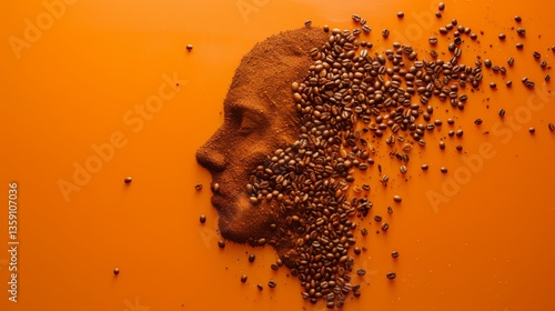 Obraz na płótnie A striking image of a human face sculpted from coffee beans and ground coffee on a vibrant orange surface. This artistic composition highlights the intricate details and textures, perfect for creative w salonie