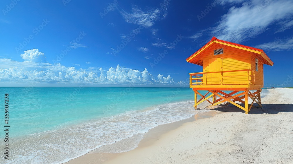 Fototapeta premium Vibrant Yellow Beach House Under a Sunny Sky