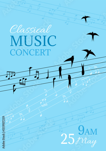 Classical music concert poster design. Music conceptual illustration. Blue background with musical notes and flying birds. Vector template for flyer, banner, invitation.