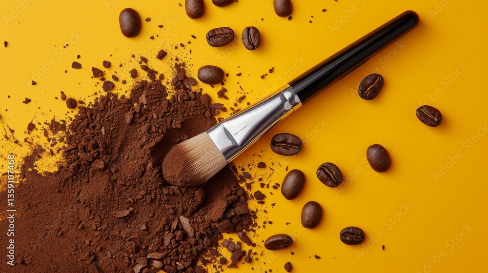 A makeup brush lies atop a pile of ground coffee, surrounded by scattered coffee beans on a yellow surface. This image combines elements of beauty and coffee, making it perfect for creative and