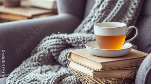 A tranquil scene featuring a cup of tea on a saucer, placed on top of a stack of books and a knitted blanket draped over a chair. Ideal for concepts of peaceful relaxation, reading, and cozy indoor