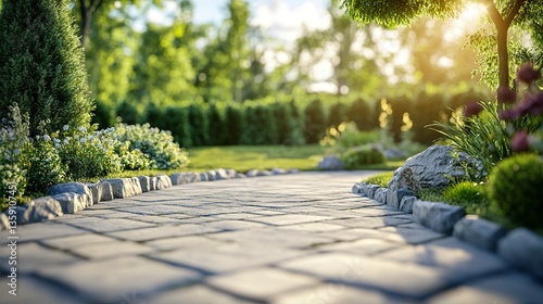 Beautifully crafted patio with smooth pavers and a stone retaining wall vibrant greenery tranquil and inviting outdoor space. 