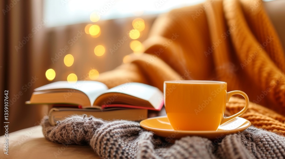 A cozy scene with a yellow cup of tea, a knitted blanket, and an open book, perfect for an autumn or winter setting. Warm bokeh lights add to the relaxed and inviting atmosphere, ideal for a peaceful