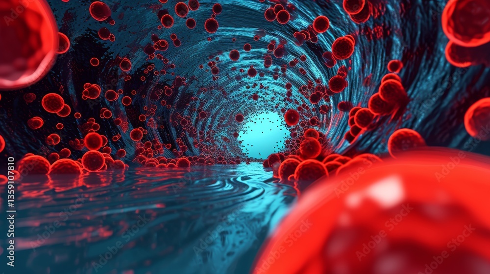 Dynamic 3D rendering depicting red blood cells flowing through a blood vessel. The vivid colors and realistic details capture the movement and function of the circulatory system.