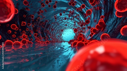 Obraz na płótnie Dynamic 3D rendering depicting red blood cells flowing through a blood vessel. The vivid colors and realistic details capture the movement and function of the circulatory system. w salonie