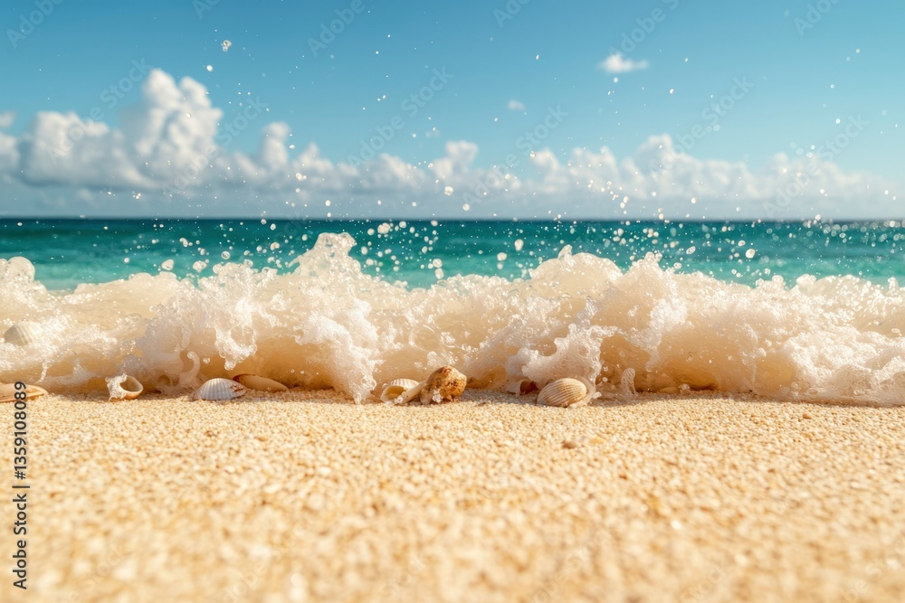 Ocean wave crests on sandy shore; blue sky and clouds for travel ad backdrop Ocean wave crests on sandy shore; blue sky and clouds for travel ad backdrop