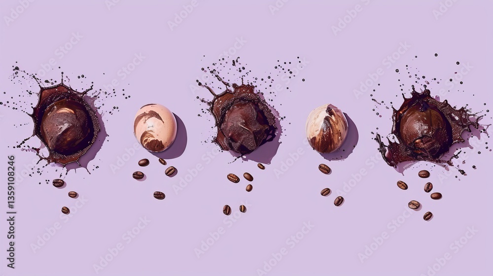 Chocolate and coffee ice cream scoops explode on a purple surface, surrounded by coffee beans. This vibrant, high-energy image captures the delicious collision of sweet and bold flavors, perfect for