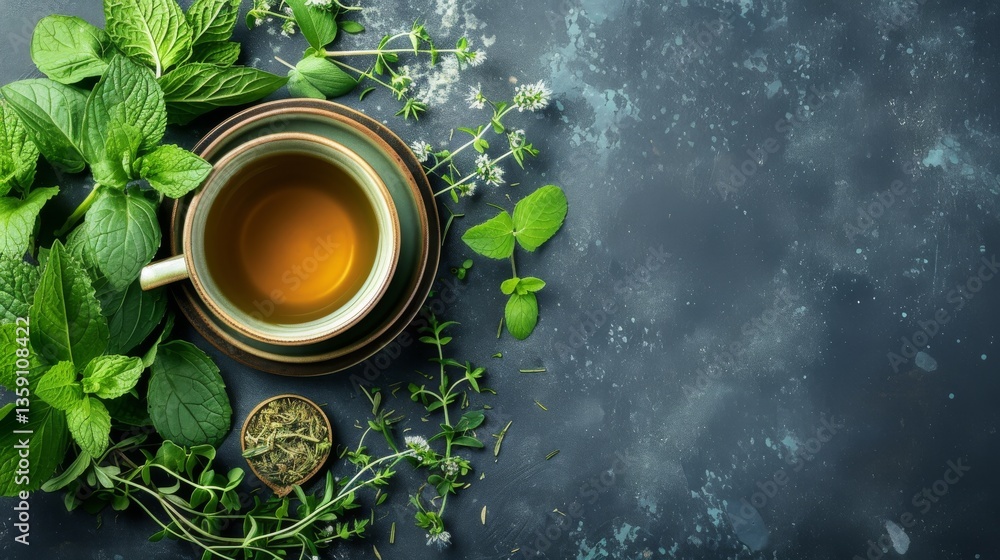 A calming scene of herbal tea in a cup surrounded by fresh green herbs, set against a dark textured background. The fresh herbs add a touch of nature and wellness, making it ideal for health and