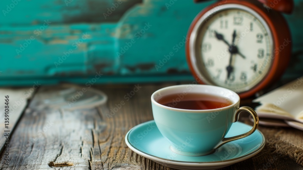 A serene scene featuring a vintage blue teacup filled with tea, placed on a rustic wooden table beside an antique clock. The background includes a teal wooden wall, enhancing the nostalgic atmosphere.