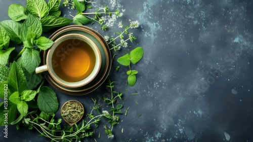 A calming scene of herbal tea in a cup surrounded by fresh green herbs, set against a dark textured background. The fresh herbs add a touch of nature and wellness, making it ideal for health and