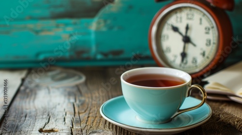 Obraz na płótnie A serene scene featuring a vintage blue teacup filled with tea, placed on a rustic wooden table beside an antique clock. The background includes a teal wooden wall, enhancing the nostalgic atmosphere. w salonie