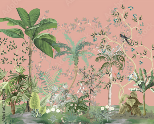 Hand painted wallpaper and fabrics, Watercolor Tree Background.