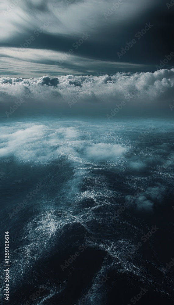 Fototapeta premium Stunning aerial perspective of dark ocean waters and clouds, evoking an apocalyptic atmosphere