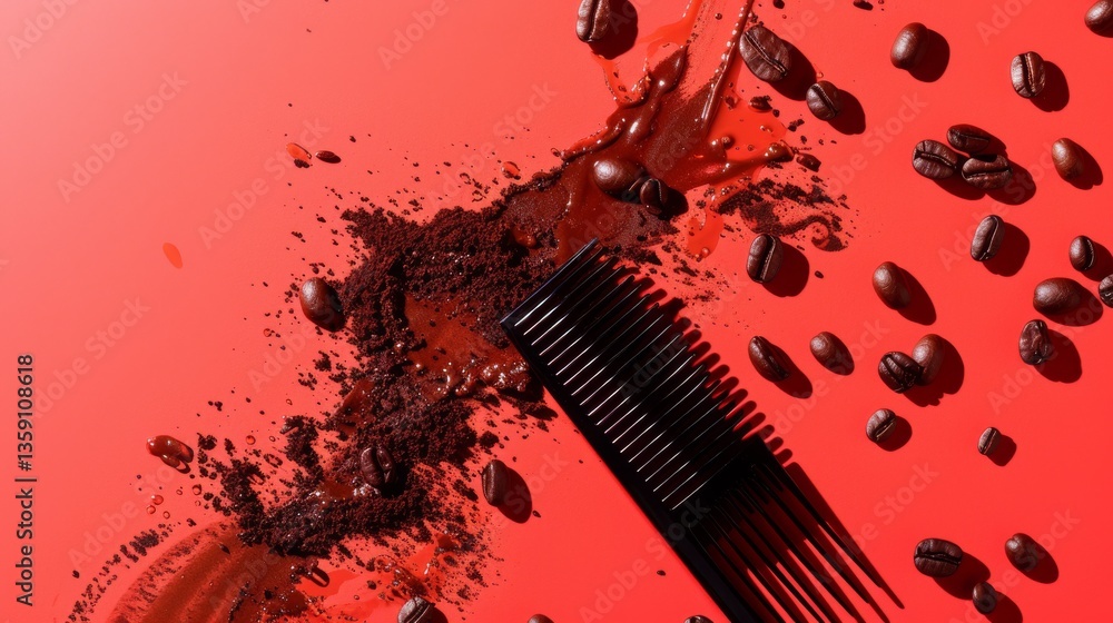 An artistic composition featuring coffee beans and a black comb on a striking red background. The dynamic arrangement of coffee grounds and beans creates an energetic, modern vibe.