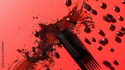 Obraz na płótnie An artistic composition featuring coffee beans and a black comb on a striking red background. The dynamic arrangement of coffee grounds and beans creates an energetic, modern vibe. w salonie