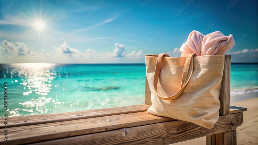 Obraz premium A Tan Canvas Beach Bag Resting on a Wooden Bench Beside the Ocean Under a Clear Blue Sky