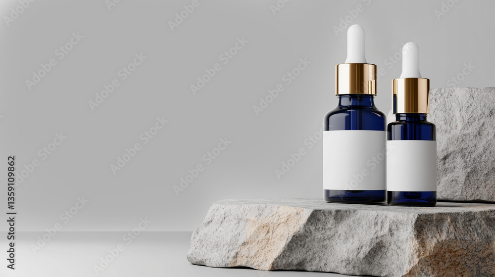Luxury skincare dropper bottles with blank labels on stone pedestal for product branding, beauty packaging mockup, and cosmetic advertising on neutral grey background. Luxury skincare dropper bottles with blank labels on stone pedestal for product branding, beauty packaging mockup, and cosmetic advertising on neutral grey background.