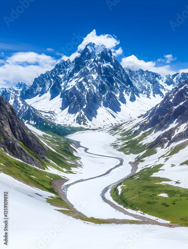 Majestic snow-capped mountain, glacial river valley, summer landscape, travel poster