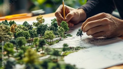 Close-up hands sketching detailed landscape design miniature trees on desk architectural precision creative vibe. 