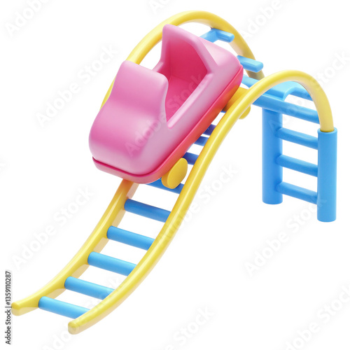 amusement ride and park 3D concept. Toy roller coaster with a pink car and yellow and blue tracks.