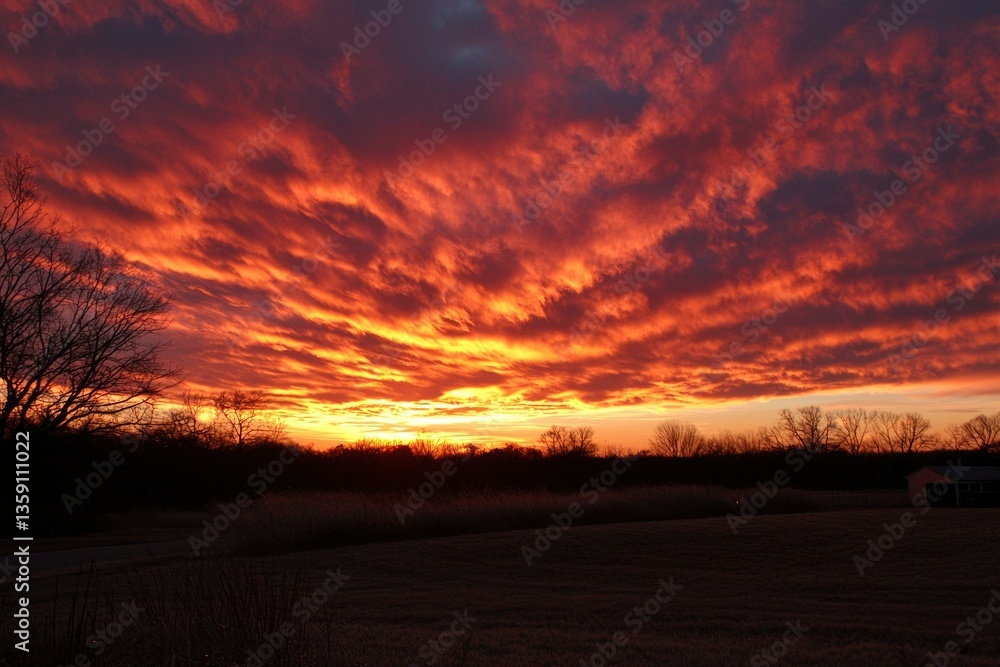 Colorful sunset over a field with a building on the horizon; for backgrounds Colorful sunset over a field with a building on the horizon; for backgrounds