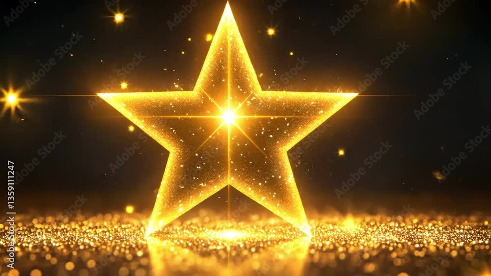 Glowing Golden Star Shines Brightly Against Dark Background, Surrounded by Sparkling Particles and Radiant Lights Glowing Golden Star Shines Brightly Against Dark Background, Surrounded by Sparkling Particles and Radiant Lights