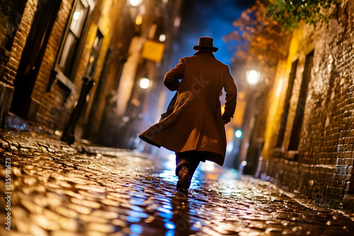 Man hurrying down cobblestone alley at night