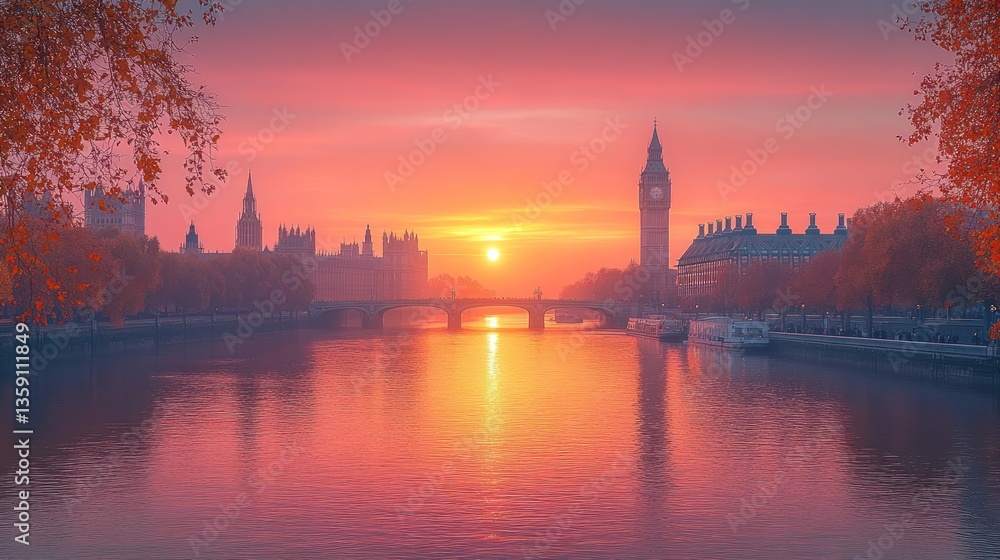 Fototapeta premium London's Iconic Skyline at Sunset: Big Ben, Houses of Parliament, and the Thames River in Autumnal Hues