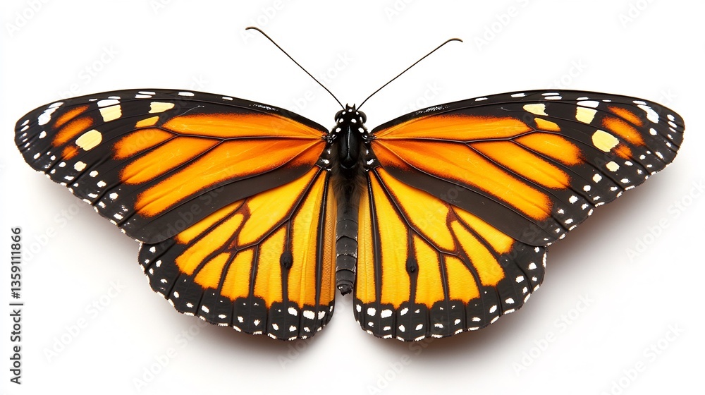 Fototapeta premium Bold orange monarch butterfly resting on a black and white flower representing transformation