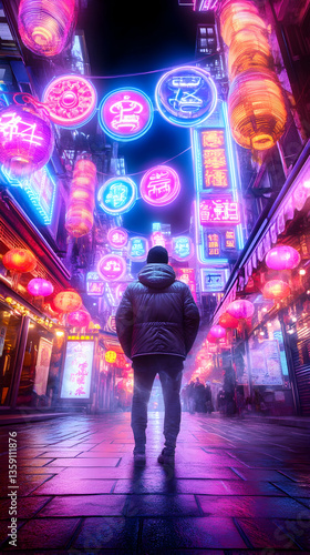 Man in neon-lit Asian city street at night