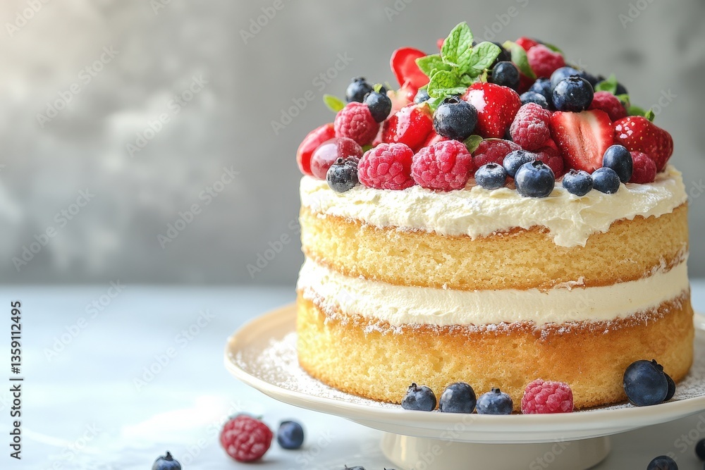A delicious layered cake topped with fresh berries and mint leaves A delicious layered cake topped with fresh berries and mint leaves