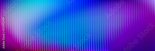 Ribbed glass effect background. Reeded transparent plastic wall. Blue iridescent gradient pattern. Abstract corrugated glass texture, neon light. Pearlescent holographic backdrop. Deep purple glow bg