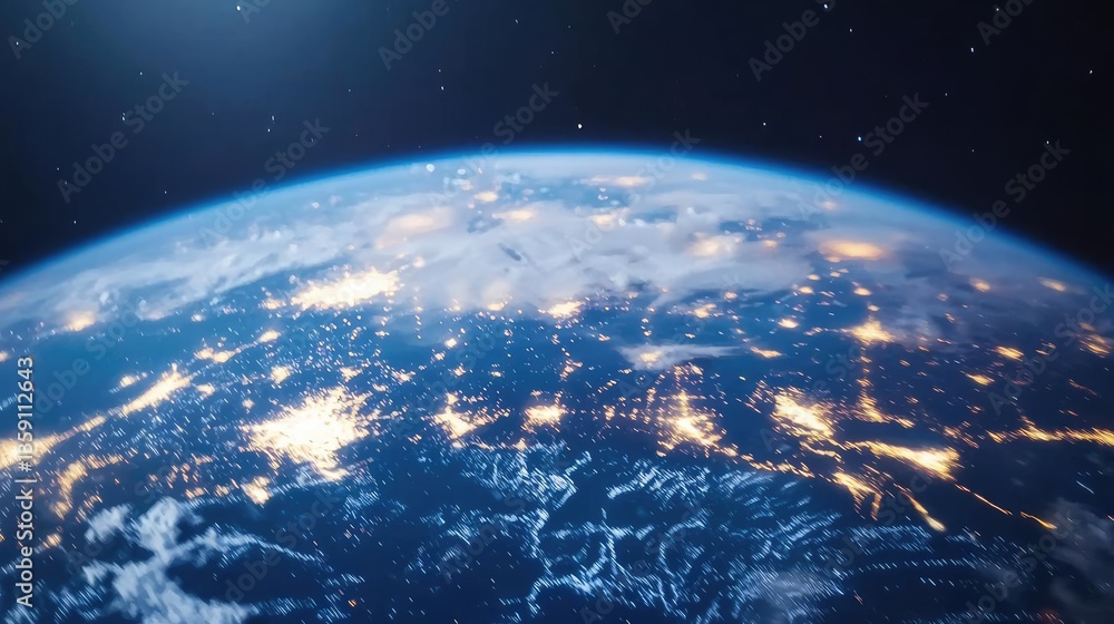 Obraz premium Earth at night showcasing world map and communication network concept. Stunning aerial view of Earth highlighting city lights at night.