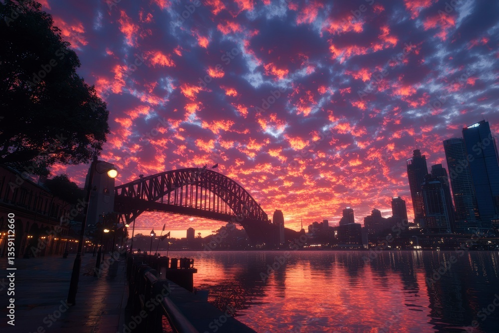 Obraz premium Sydney Harbour bridge at sunrise, vibrant clouds, city skyline, tourism backdrop