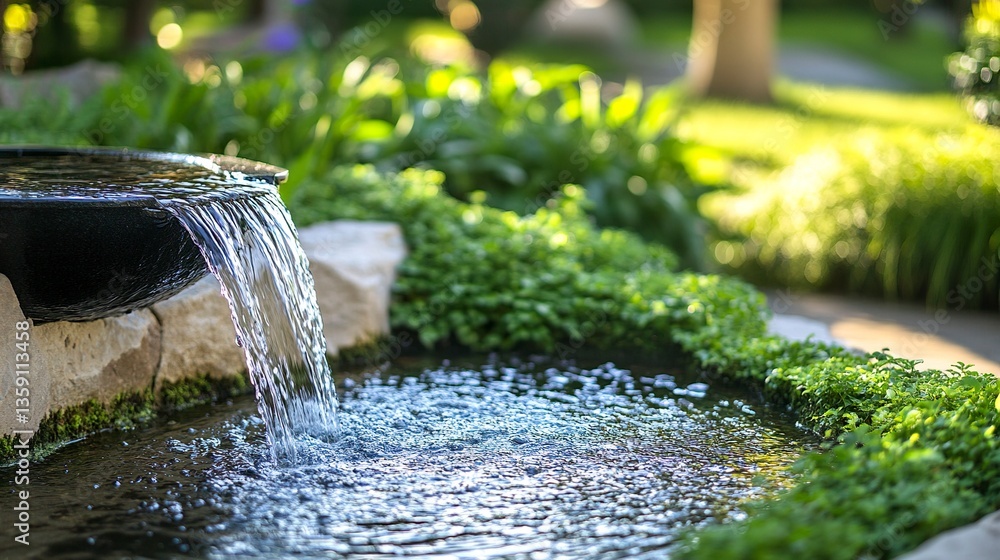 Contemporary garden water feature sleek fountain with gentle flow into a watercourse bordered by clean stone and greenery. Contemporary garden water feature sleek fountain with gentle flow into a watercourse bordered by clean stone and greenery.