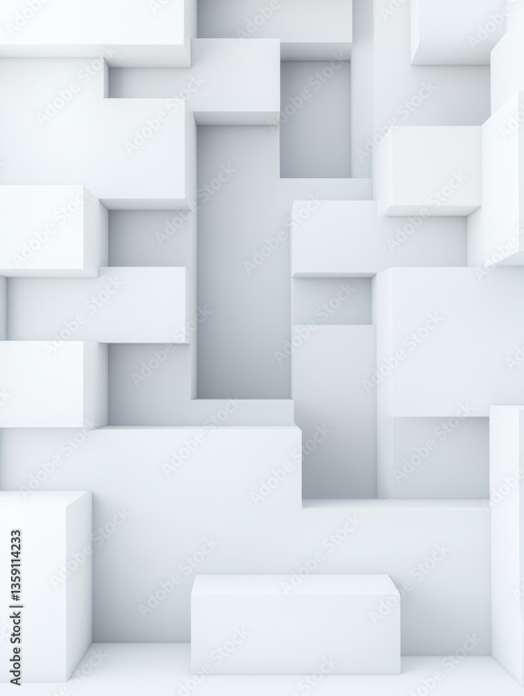 minimalist 3D abstract background featuring geometric pattern of white rectangular blocks arranged in varying depths, creating sense of depth and dimension minimalist 3D abstract background featuring geometric pattern of white rectangular blocks arranged in varying depths, creating sense of depth and dimension