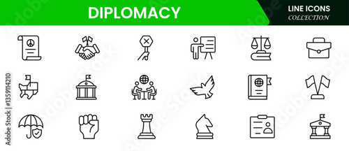 Diplomacy line icons collection. UI icon set in a flat design. Excellent signed icon collection. Thin outline icons pack. Vector illustration