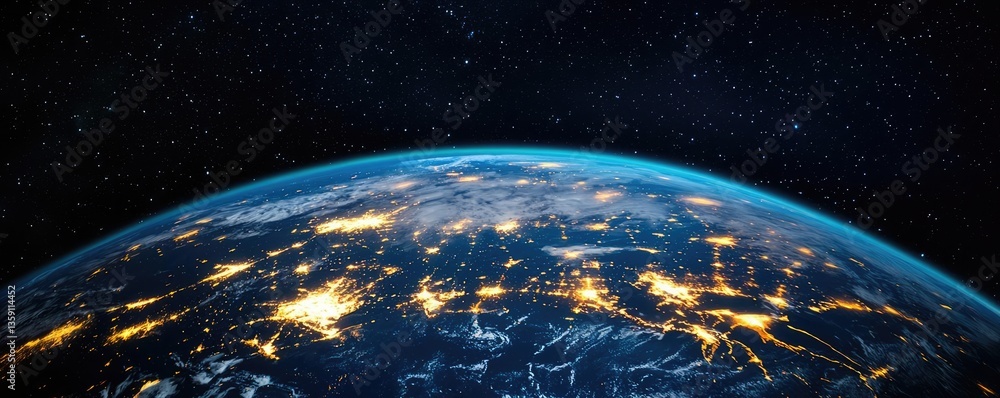 Obraz premium Earth at night displaying global business and finance map concept. Stunning view of Earth captured from space showcasing cities.
