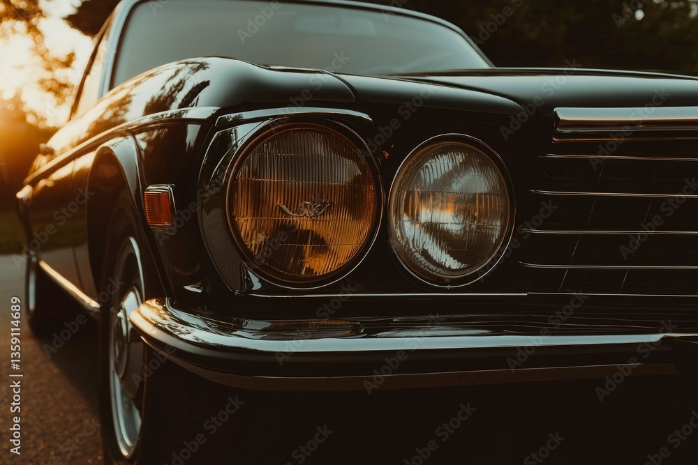 Fototapeta premium Classic car gleams in golden hour light, parked near trees; for auto ads