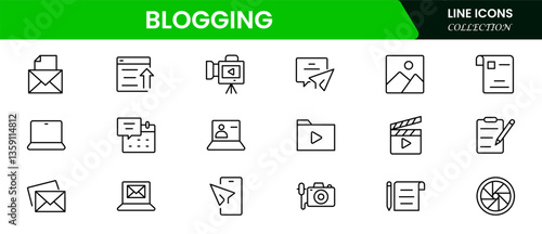 Blogging icon collection. Containing, influencer, content, creation, vlogger, social media, digital marketing, and community icons. Vector illustration.