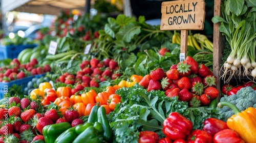 A sign that says locally grown is on a table with a variety of fruits