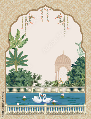Traditional Mughal wedding card for invitation, Vintage wedding card, Mughal Arch, Dome.
