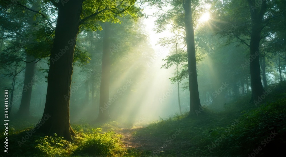Naklejka premium Mystical Forest Path Bathed in Morning Light