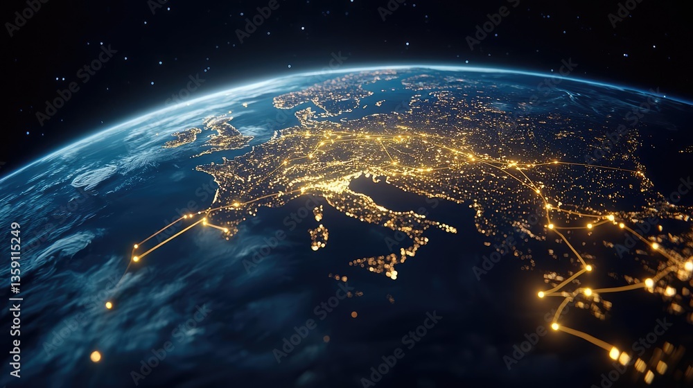 Obraz premium Earth at night showcasing world map and communication network concept. A satellite view of Europe illuminated by city lights at night.